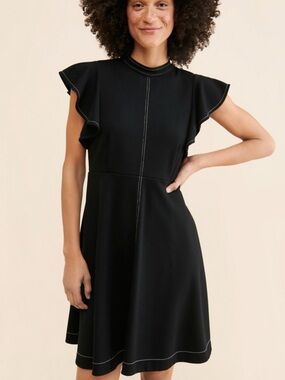 Maeve Anthropologie Black Ruffle Sleeve Dress MP Medium Petite Fit Flare